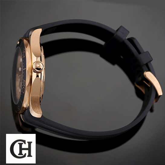 Omega Black Rubber Bracelet Gold Case side view