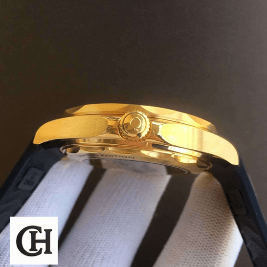 Omega Gold Case Rubber Black Bracelet crown on the glove hand