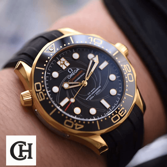 Omega Seamaster Professıonal Black Dial Gold Case on the wrist