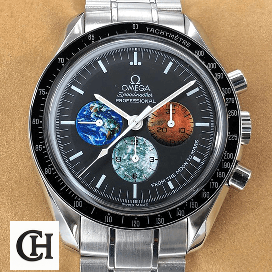 Omega Speedmaster Professional 3577.50.00 "From the Moon to Mars" Master Omega Speedmaster Black Dial Black Bezel brown background