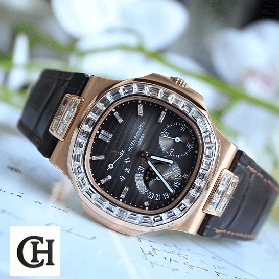 Patek Philippe Baguette Diamond Bezel Black Dial side view