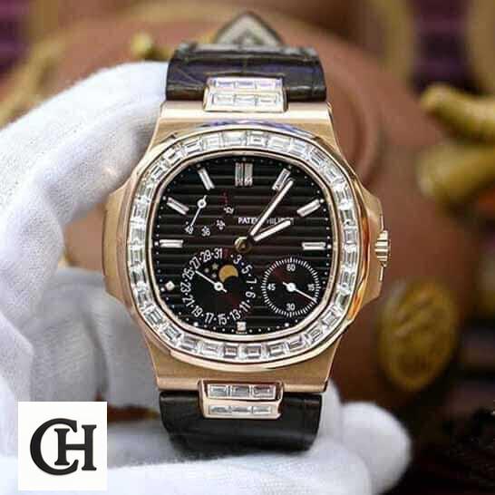 Patek Philippe Black Dial Diamond Bezel Leather Bracelet on the hand