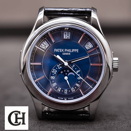 Patek Philippe Annual Calendar 5205G-013 Patek Philippe Complications 5205G_013 Bluıe Dial Moon front view