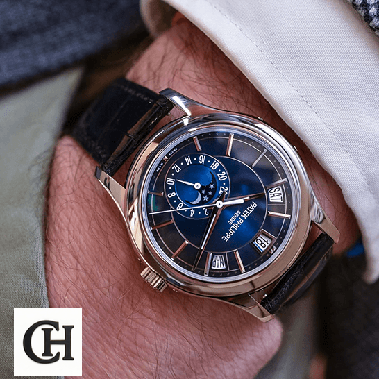Patek Philippe Annual Calendar 5205G-013 Patek Philippe Complications Blue Dial Steel Case on the man wrist