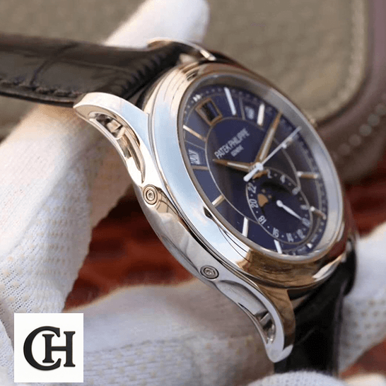 Patek Philippe Annual Calendar 5205G-013 Patek Philippe Complications Steel Case Black Leather Bracelet on the hand