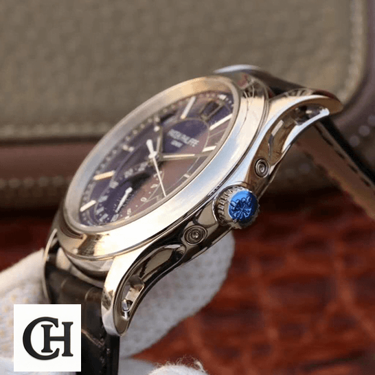 Patek Philippe Annual Calendar 5205G-013 Patek Philippe Steel Case Blue Dial side view crown