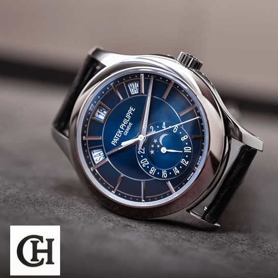 Patek Philippe Annual Calendar 5205G-013 Patek Philippe Blue Dial Moon Steel Case front view