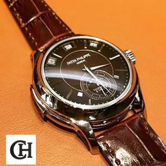 Patek Philippe Minute Repeater Tourbillon 5207P Patek Philippe Geneve Brown Leather Bracelet orange background