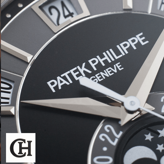 Patek Philippe Annual Calendar 5205G-010 patek_hilippe_complications_automatic_grey_dial_5205G-010_hand_close_view