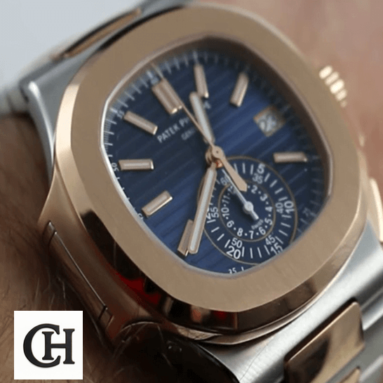 Patek Philippe Nautilus 5980/1AR-001 Patek Philippe Nautilus Blue Dial Gold Bezel on the man wrist
