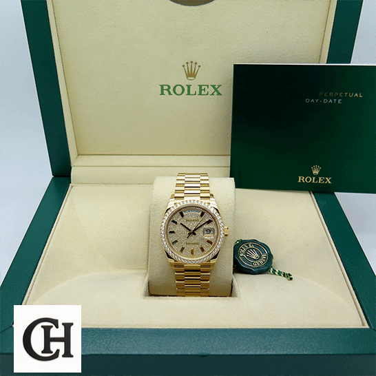 Rolex Day-Date 128348RBR "Pave Diamond Dial" Perfect Duplicate Edition rolex_day_date_yellow_gold_with_pave_diamond_dial_sapphire_128348RBR_0030_box_unitedluxurynet