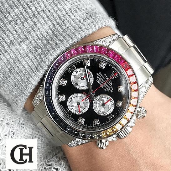 Rolex Cosmograph Daytona 116599RBOW Rolex Daytona White Gold Diamond Set Custom Case 116599RBOW on his arm