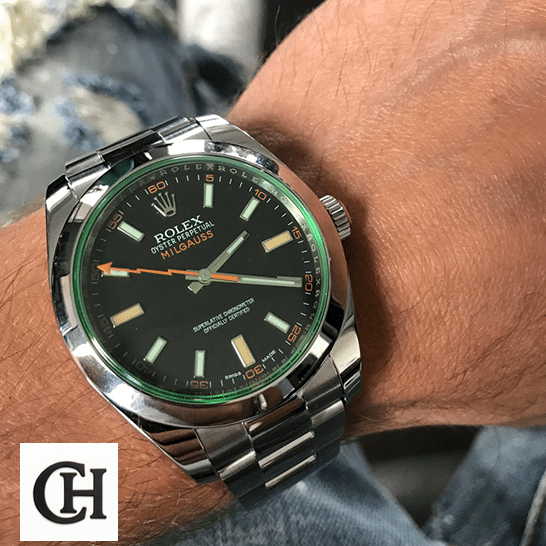 Rolex Milgauss M116400GV Green Crystal Stainless Steel Oyster on his arm