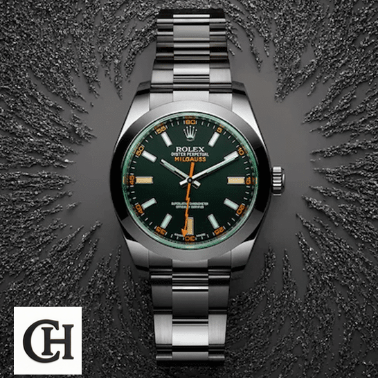 Rolex Milgauss 116400GV-0001 Green Crystal Oyster on the table
