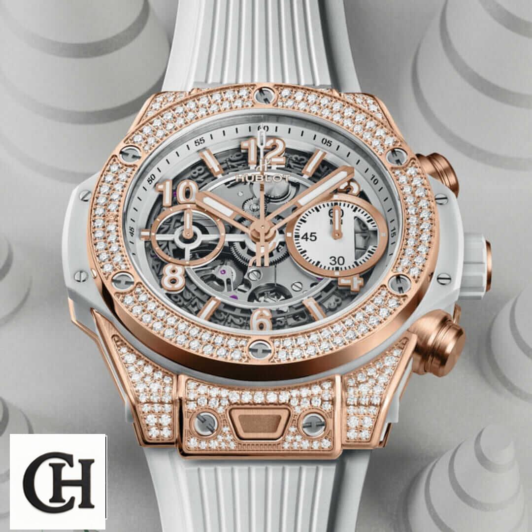 Hublot Big Bang Unico 441.OM.1180.RX "Rose Gold" Precision Yeni Proje 2 9 HUblot White Diamond Bezel Rubber Bracelet white background