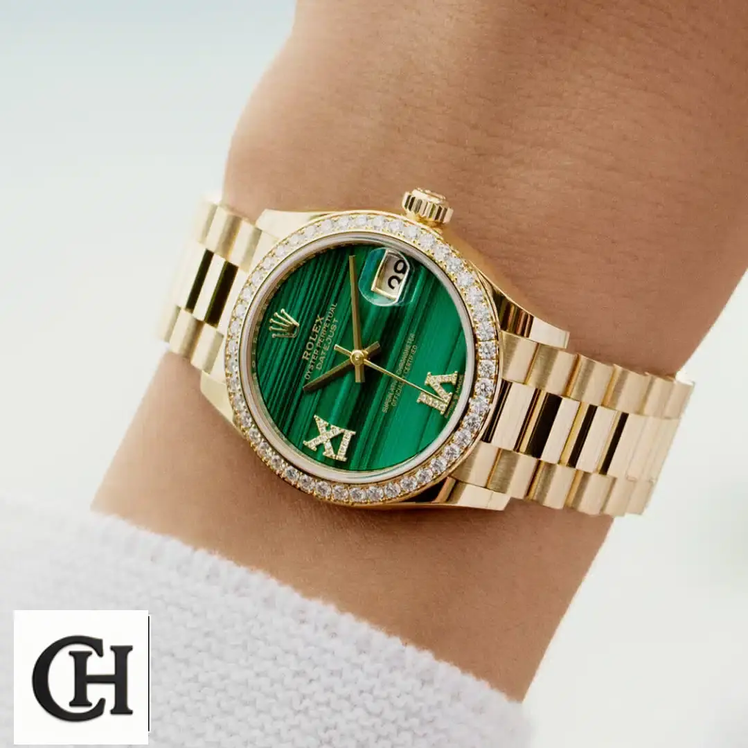 Rolex datejust gold green dial roman diamond bezel above the wrist