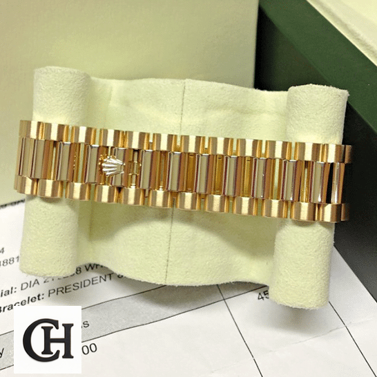 Rolex Day-Date 218238-0037 Precision Edition rolex day date 218238 0037 clasp Rolex Day-Date II 218238-0037 Yellow Gold Osyter Bracelet on the Rolex Logo
