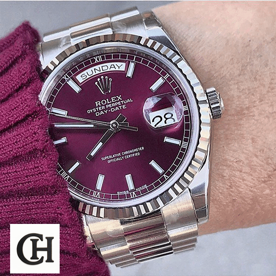 Rolex day-date purple stainless steel on the wrist