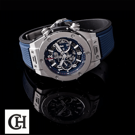 Hublot Big Bang Unico 411.JX.4802.RT "Sapphire" Elite hublot big bang unico blue 411 NX 5179 RX side Hublot Big Bang Unico Blue 84.394.-5471.NL_.7112.RX black background