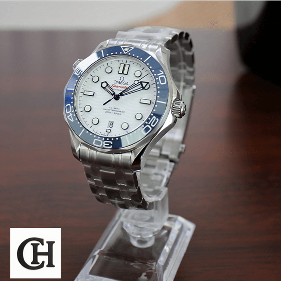 Omega Seamaster 233.30.41.21.01.001 Omega Seamaster Blue Bezel White Dial on the stand
