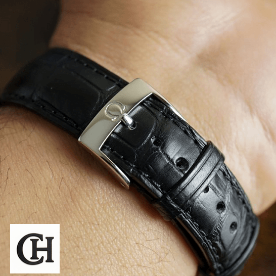 Omega De Ville Prestige 424.10.40.20.02.001 Omega Leather Black Bracelet Steel Clasp upside view on the wrist