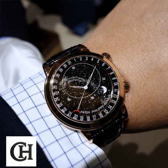 Patek Philippe Grand Complications 6102R-001 Patek Philippe Rose Gold Bezel Black Dial on the man wrist