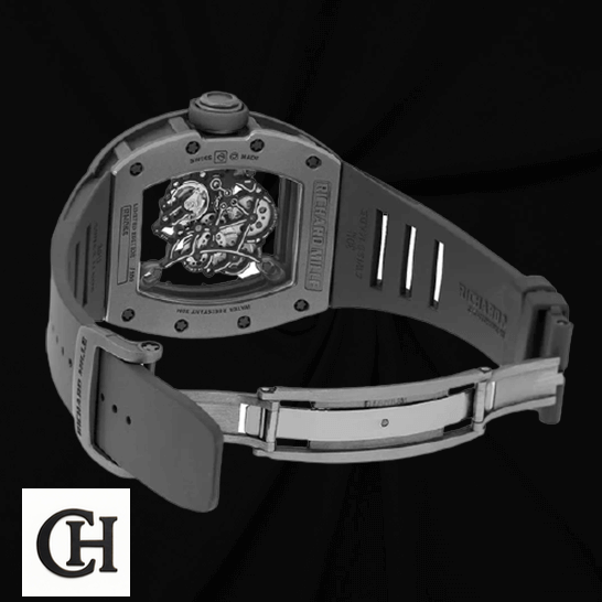 Richard Mille RM 055 Richard Mille RM055 Black Rubber Bracelet opened clasp black background