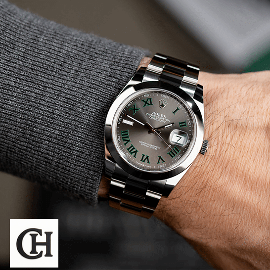 Rolex Datejust Wimbledon 126300-0013 Grey Dial Romen Numerial on his arm