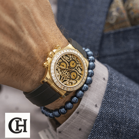Rolex Cosmograph Daytona 116588TBR Rolex Daytona Yellow Gold 116508-0004 on his arm