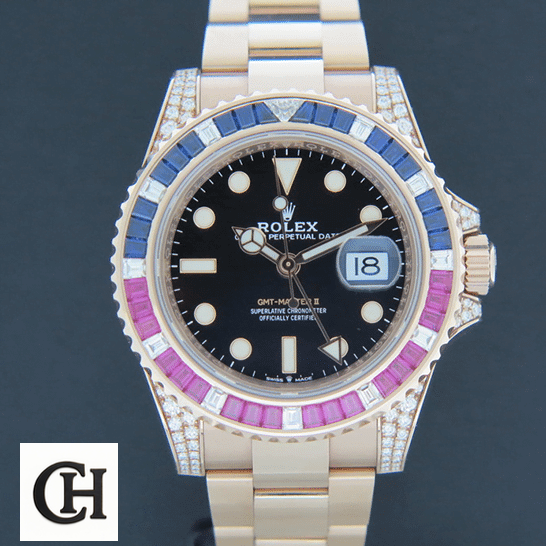 Rolex GMT-Master II 126755SARU "Diamond Bezel" Rolex GMT-Master II 126755SARU dial is black with stick and dot indices