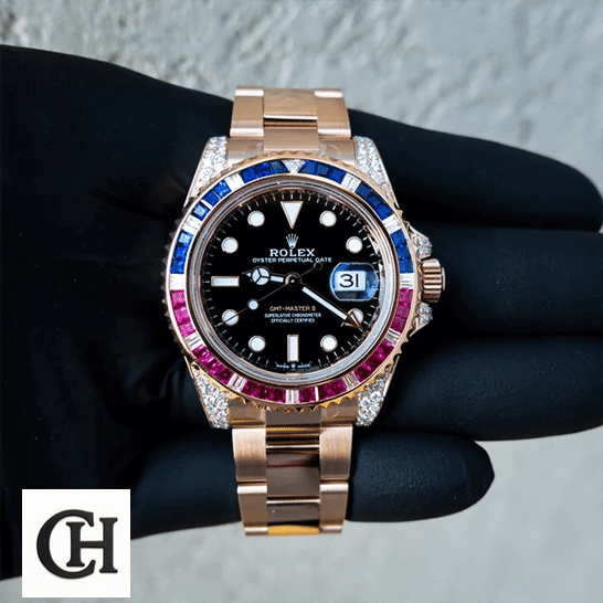 Rolex GMT-Master II 126755SARU "Diamond Bezel" Rolex GMT-Master II 126755SARU rose gold color and a gem bezel in red and blue