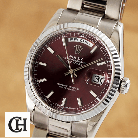 Rolex day-date purple dial oyster bracelet brown background