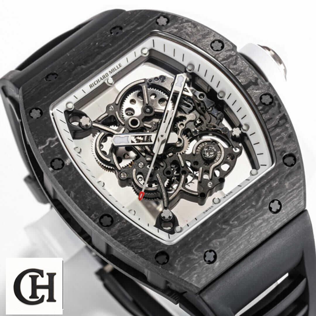 Richard Mille RM 055 Richard Mille White Dial Black Bezel Rubber Bracelet close view