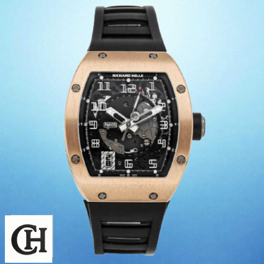 Richard Mille RM 005 Richard Mille RM055 Bubba Watson Rose Gold Bezel blue background