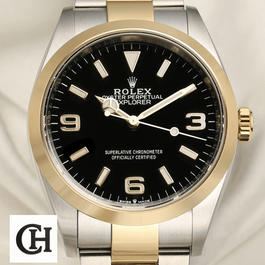 Rolex Explorer 124273 "Black Dial" Rolex 2021 Explorer 124273 Yellow Gold Bezel cream tulle background