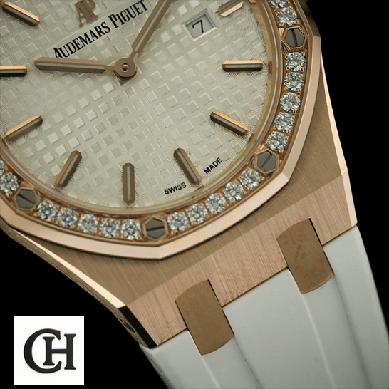 Audemars Piguet Royal Oak 67540OK.ZZ.D010CA.01 True unitedluxury lady watch left 1 Audemars Piguet Diamond Bezel White Dial & Rubber Bracelet Repli black background