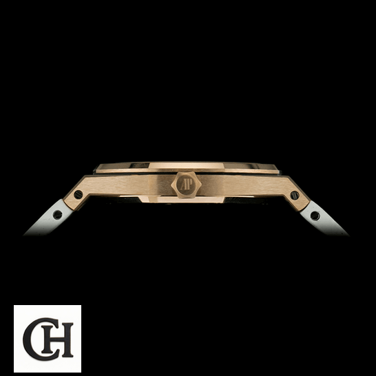 Audemars Piguet Royal Oak 67540OK.ZZ.D010CA.01 True unitedluxury lady watch right 1 Audemars Piguet Gold Case 2714 black background side view & crown