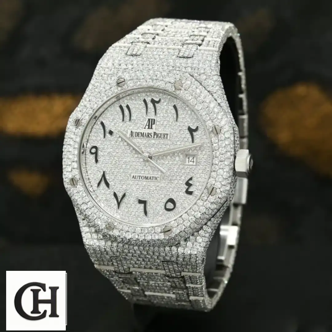 AP Royal Oak 15500ST.OO.1220ST.04 Full Iced Out black background
