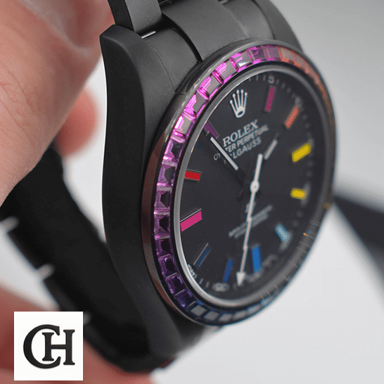 Rolex Milgauss 116400GV "Sapphire Bezel" First-Class Rolex Milgauss 116400 Rainbow Black Case Gem-Set Bezel