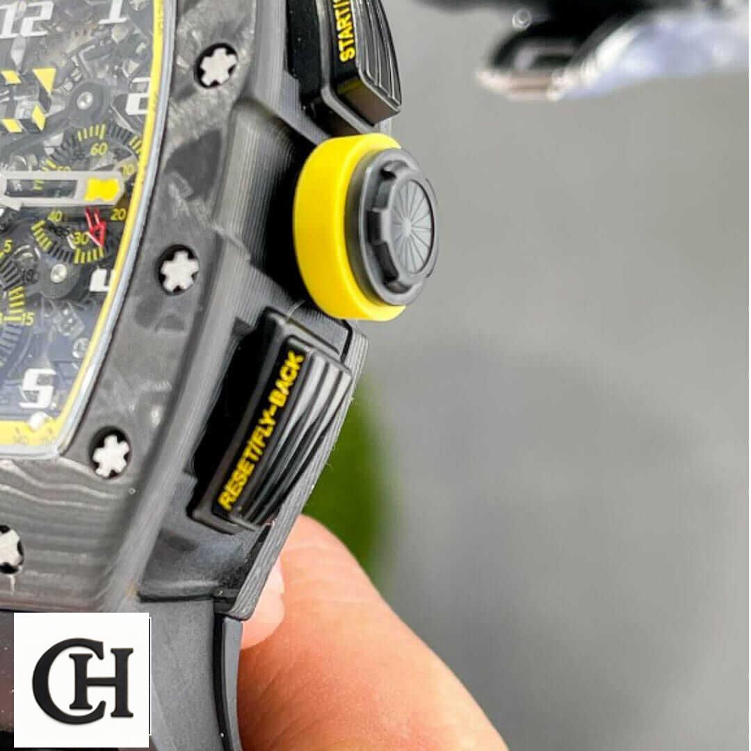 Richard Mille RM 11-03 Richard Mille Carbon Black Bezel Yellow Crown on the hand