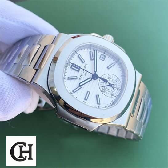 Patek Philippe Nautilus Chronograph 5980/1A-019 Patek Philippe White Dial Geneve Steel Case green background