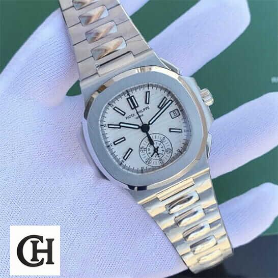 Patek Philippe Nautilus Chronograph 5980/1A-019 Patek Philippe White Dial Geneve Steel Bracelet on the hand