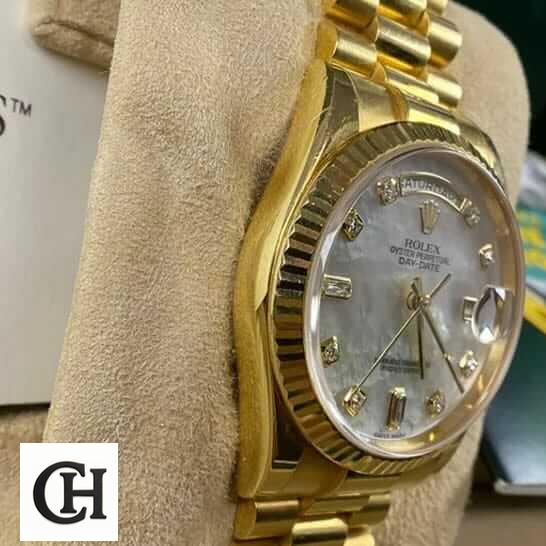 Rolex Day-Date 128238 "Mother of Pearl" rolex 128238 yellow gold 2 Rolex Day Date 128238 Yellow Gold Case Leftside