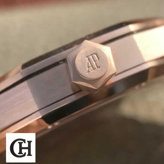 Audemars Piguet Royal Oak Rose Gold Case crown on the ap logo