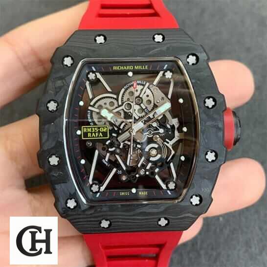 Richard Mille RM 35-02 Richard Mille RM3502 Black Bezel Red Rubber Bracelet on the hand