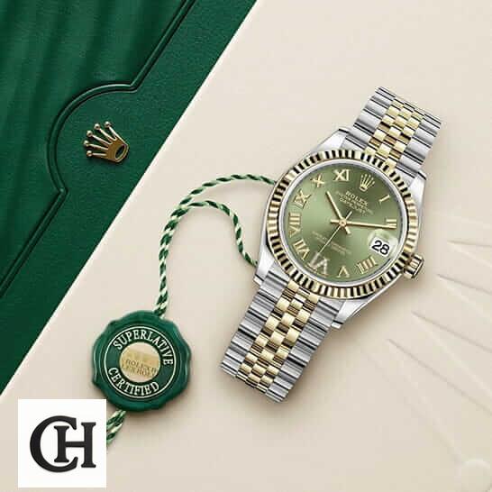 Rolex Datejust 278273 Rolex Green Dial Roman Jubilee Bracelet on the rolex box