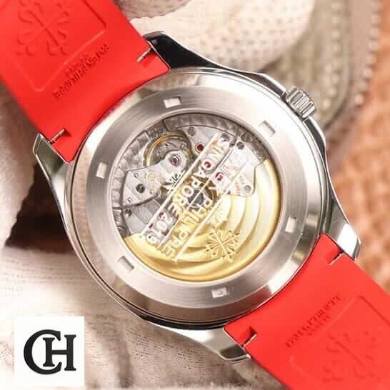 Patek Philippe Aquanaut 5167A "Red Dial" Exceptional 1 200301204205 Patek Philippe Geneve Steel Case Red Rubber Bracelet upside view