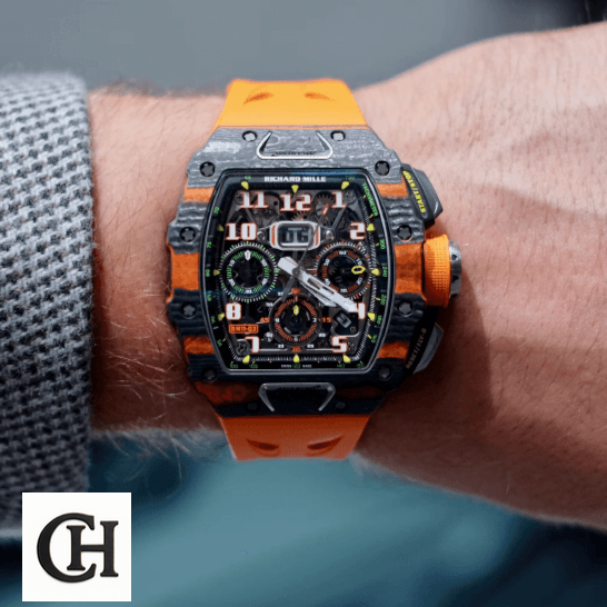 Richard Mille Mclaren hand Orange Rubber Bracelet on the man wrist