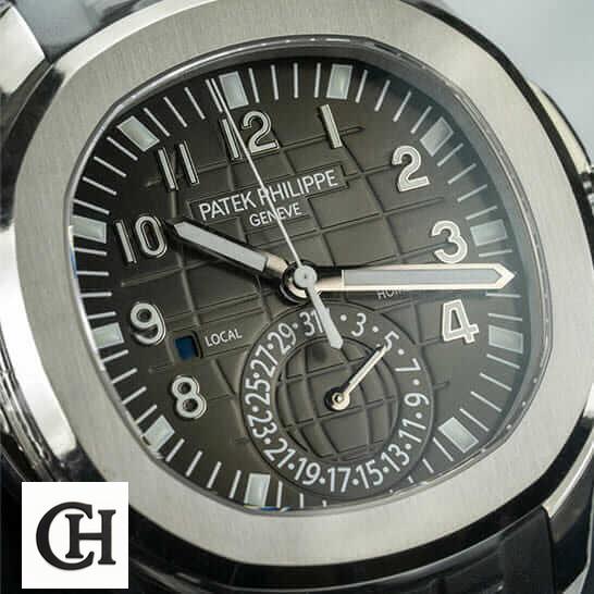 Patek Philippe Aquanaut Travel Time 5164A-001 "Dual Time" Supreme patek dual time 2 1 Patek Philippe Geneve Black Dial Steel Bezel close front view
