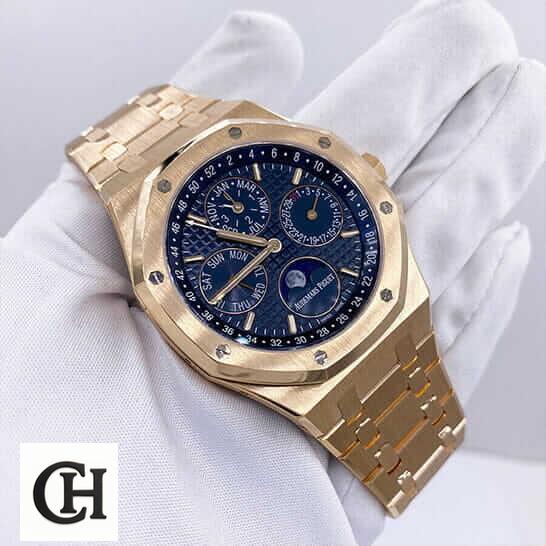 Audemars Piguet Royal Oak Chronograph 26240OR.OO.1320OR.01 Audemars Piguet Gold Blue Dial on the white glove hand